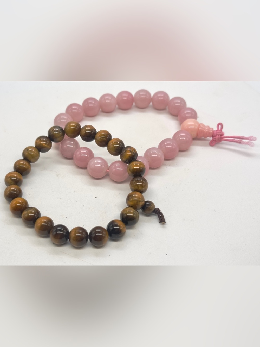 Gemstone Beaded Stretcg Bracelets Set Pink Quartz Brown Tiger’s Eye Gemstone